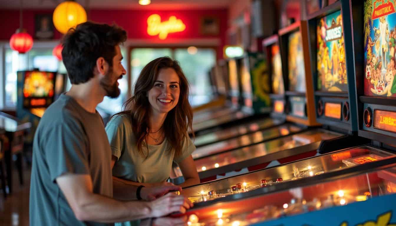 A couple in their mid-30s enjoying vintage pinball machines in an arcade. A couple in their mid-30s enjoying vintage pinball machines in an arcade.