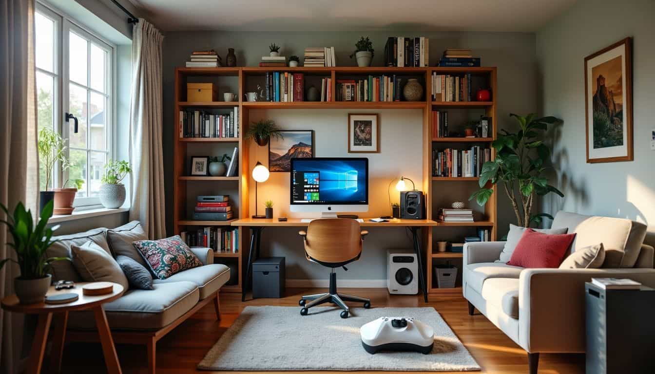 A dual-purpose living room with seating, desk, and gaming console. A dual-purpose living room with seating, desk, and gaming console.