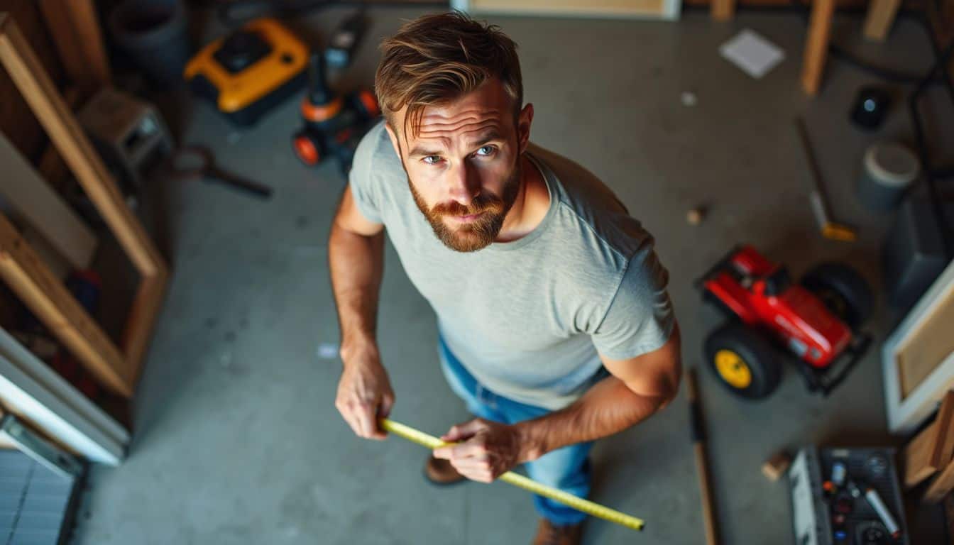 A man measures his cluttered garage for game room setup. A man measures his cluttered garage for game room setup.
