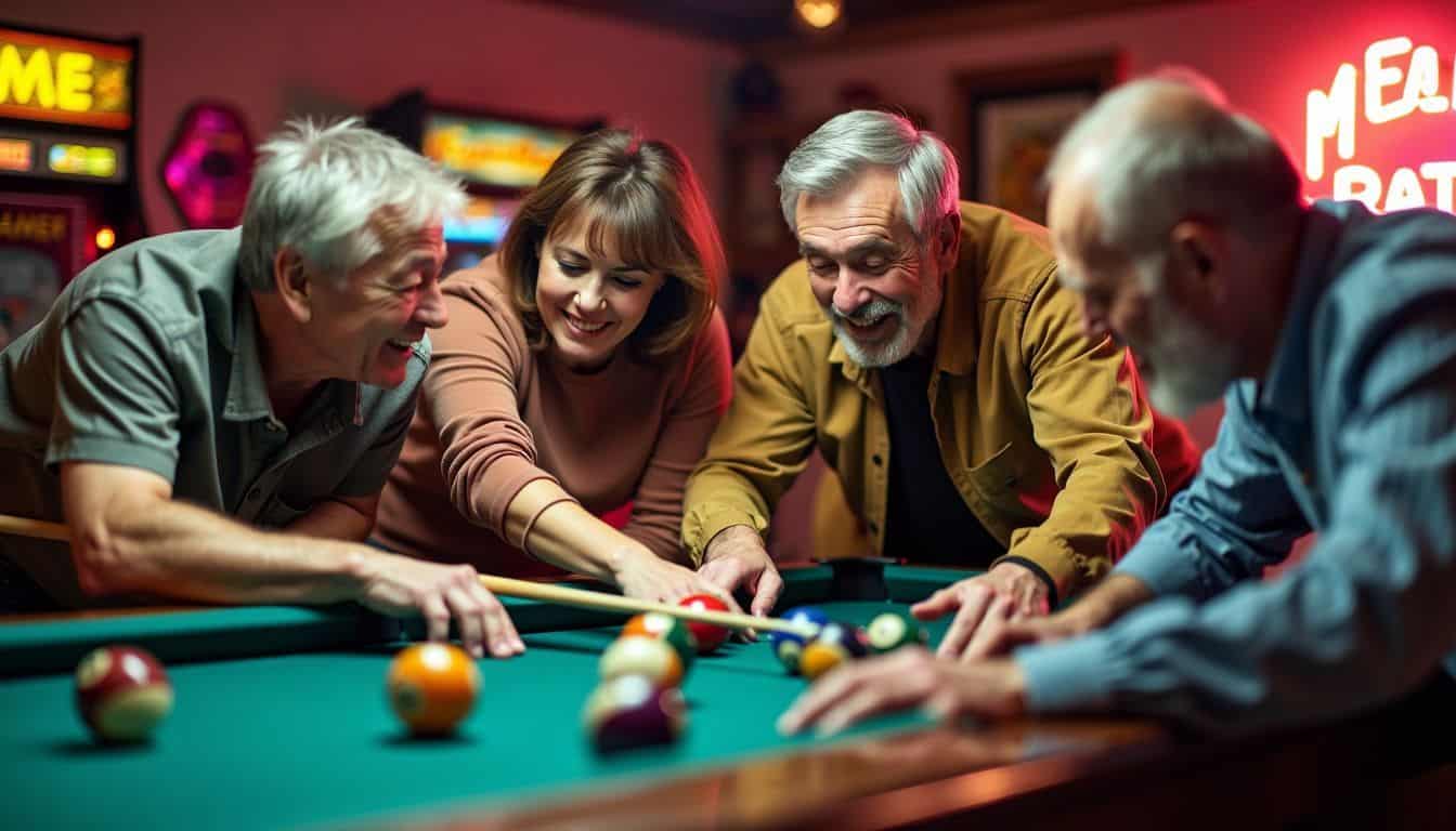 A group of middle-aged friends enjoy playing pool in a cozy game room. A group of middle-aged friends enjoy playing pool in a cozy game room.