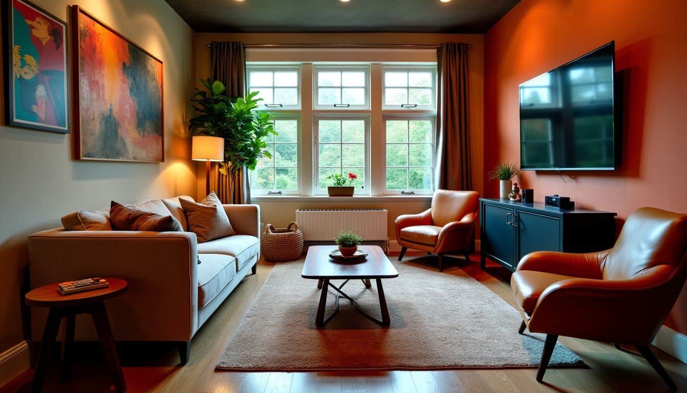 A cozy game room with comfortable seating and stylish decor. A cozy game room with comfortable seating and stylish decor.