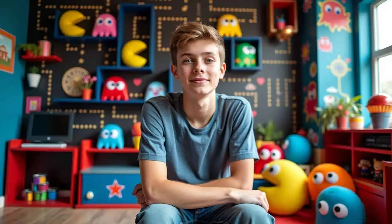 A teenage boy enjoys a retro arcade-themed game room with colorful decor.