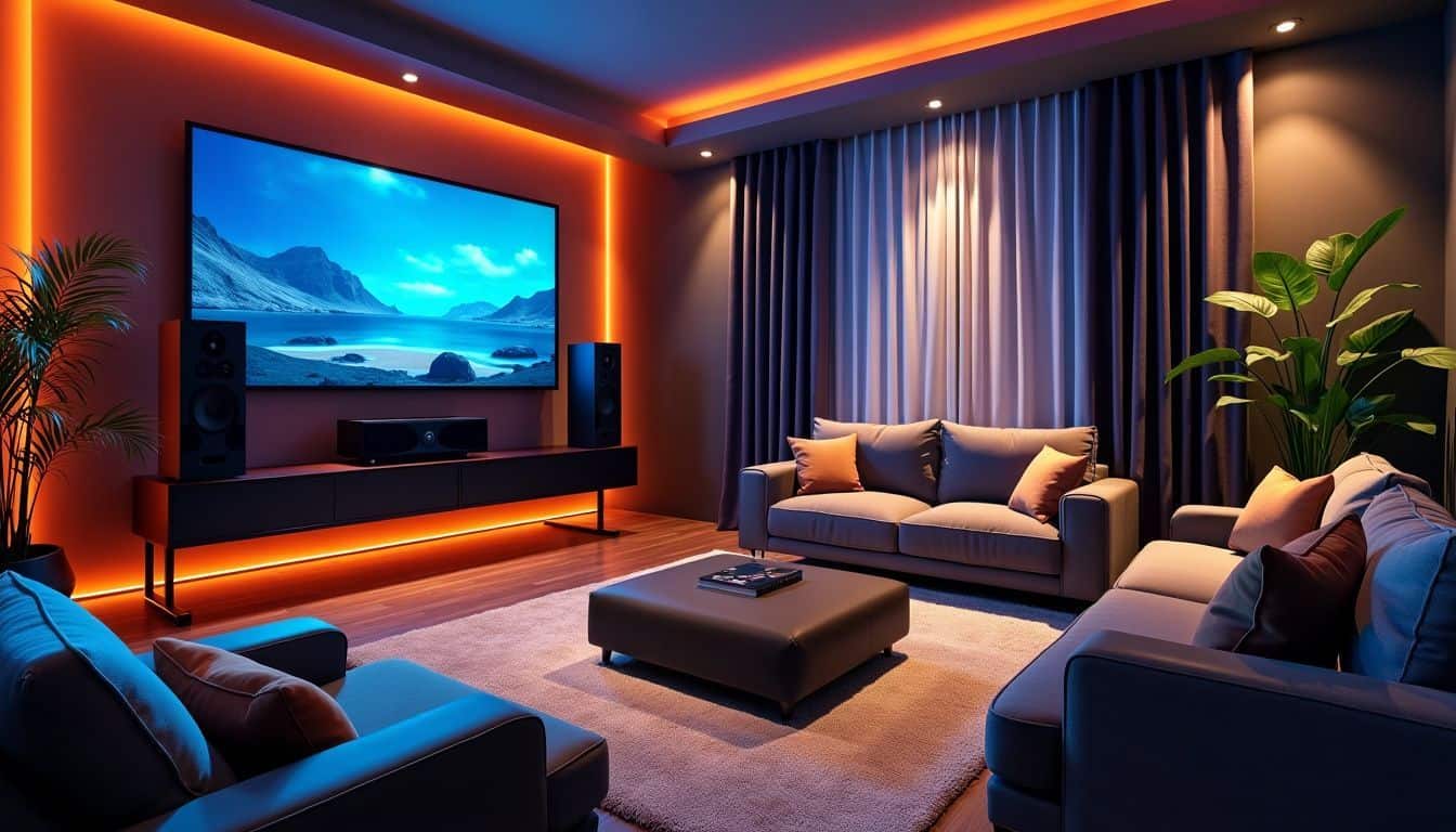 A modern game room with high-end sound system and large screen. A modern game room with high-end sound system and large screen.