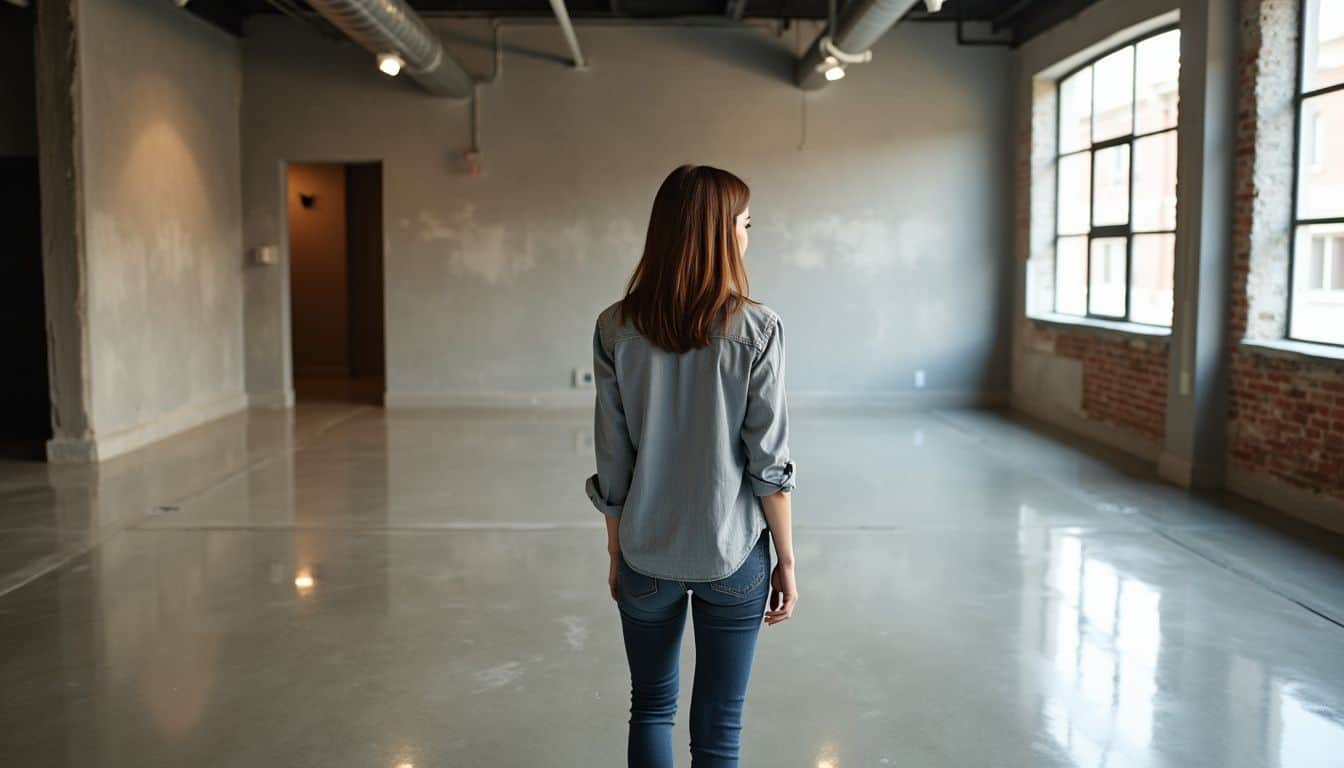 A woman compares glossy and matte loft floor finishes. A woman compares glossy and matte loft floor finishes.