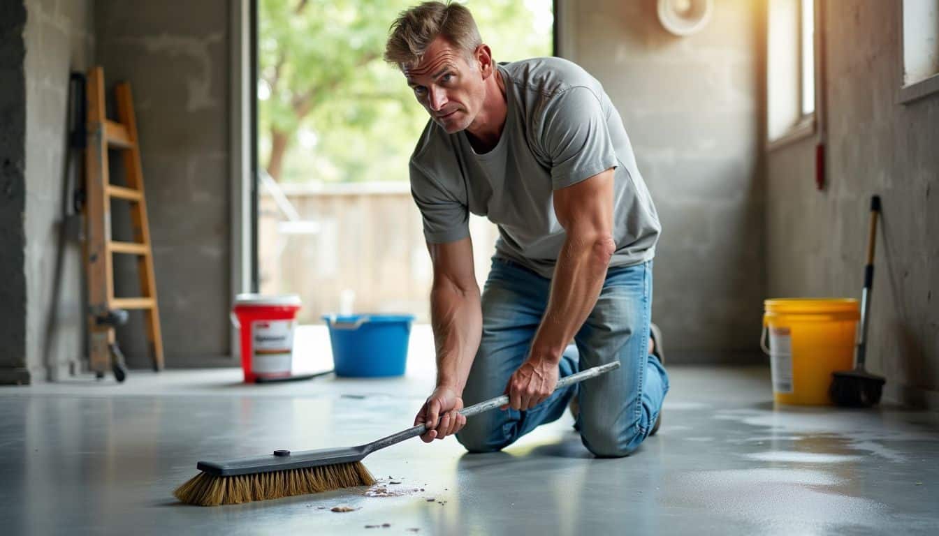A man cleans a concrete floor with a broom and supplies. A man cleans a concrete floor with a broom and supplies.
