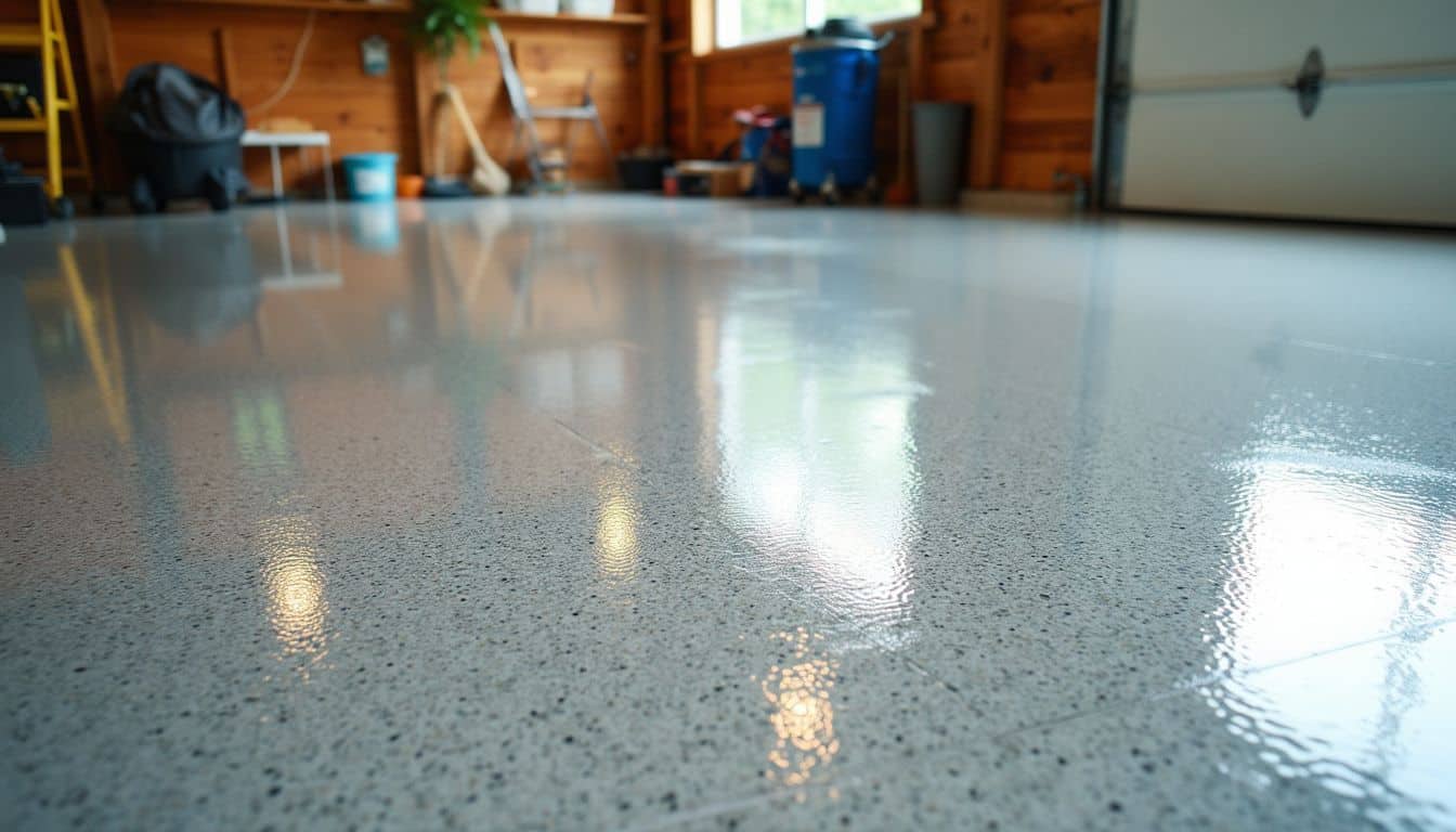 A garage floor with smooth, glossy epoxy coating for protection.