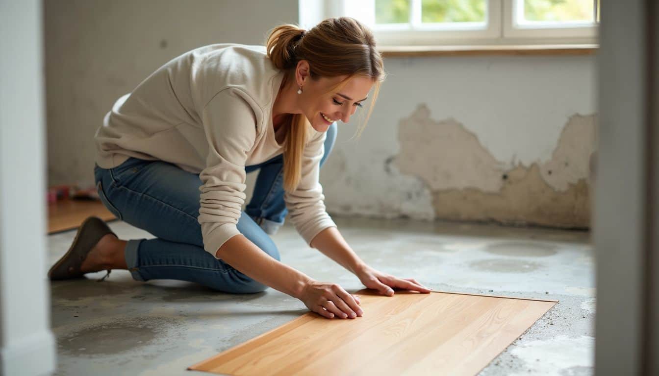 A woman in her 30s is applying a faux wood finish to a concrete floor. A woman in her 30s is applying a faux wood finish to a concrete floor.
