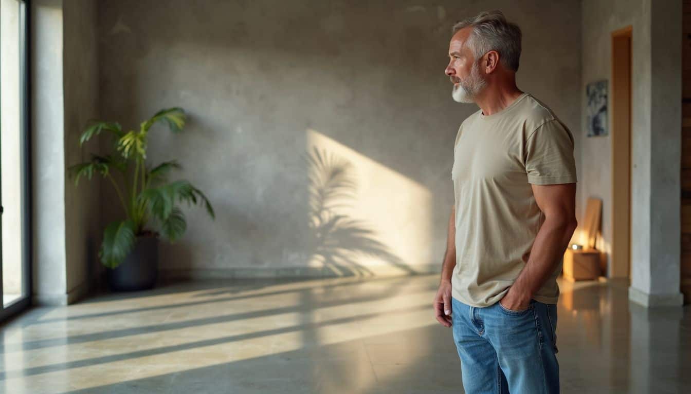 A man admires the modern living room with minimalistic decor. A man admires the modern living room with minimalistic decor.