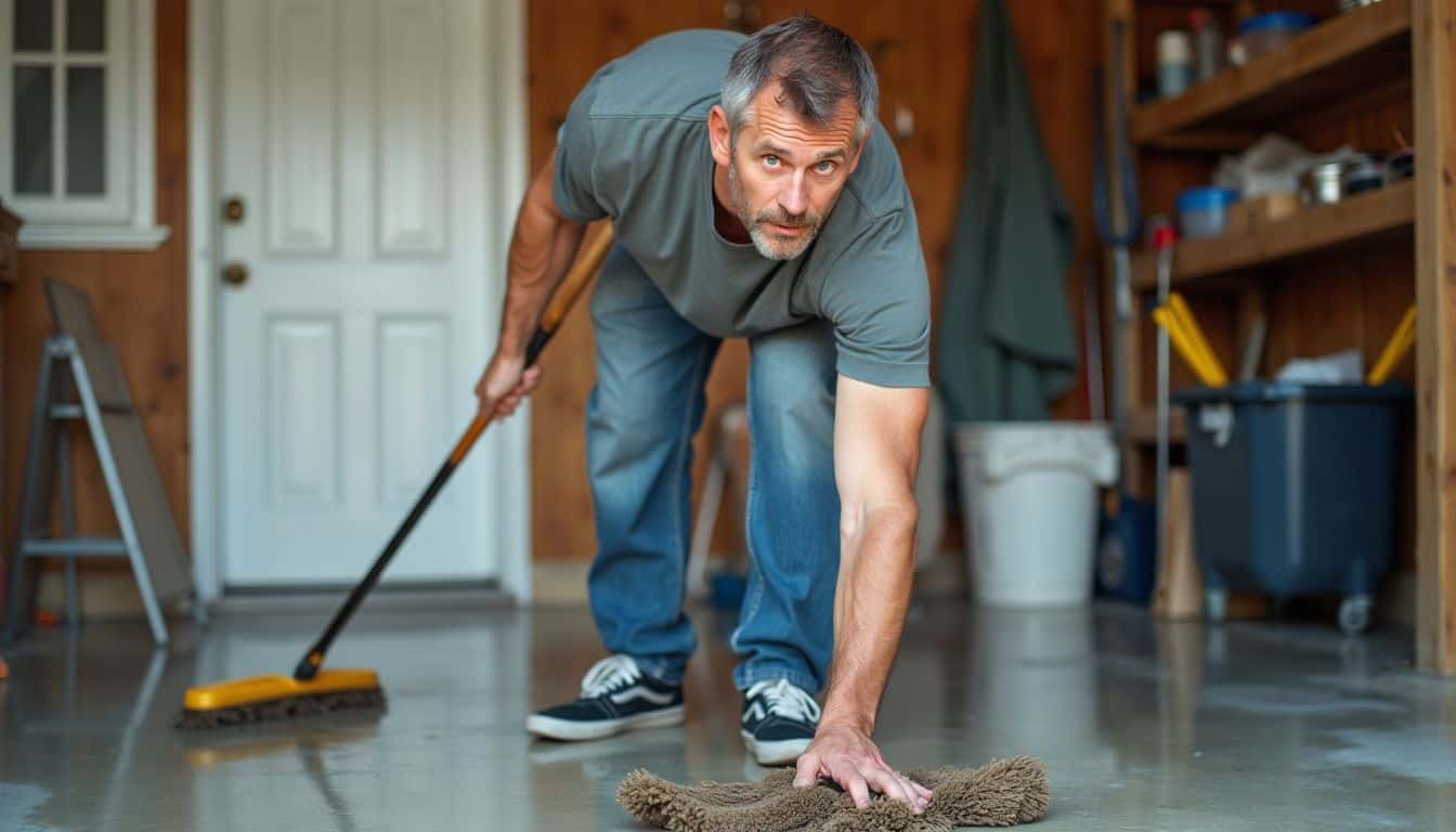 A man cleaning a concrete garage floor using a mop. A man cleaning a concrete garage floor using a mop.
