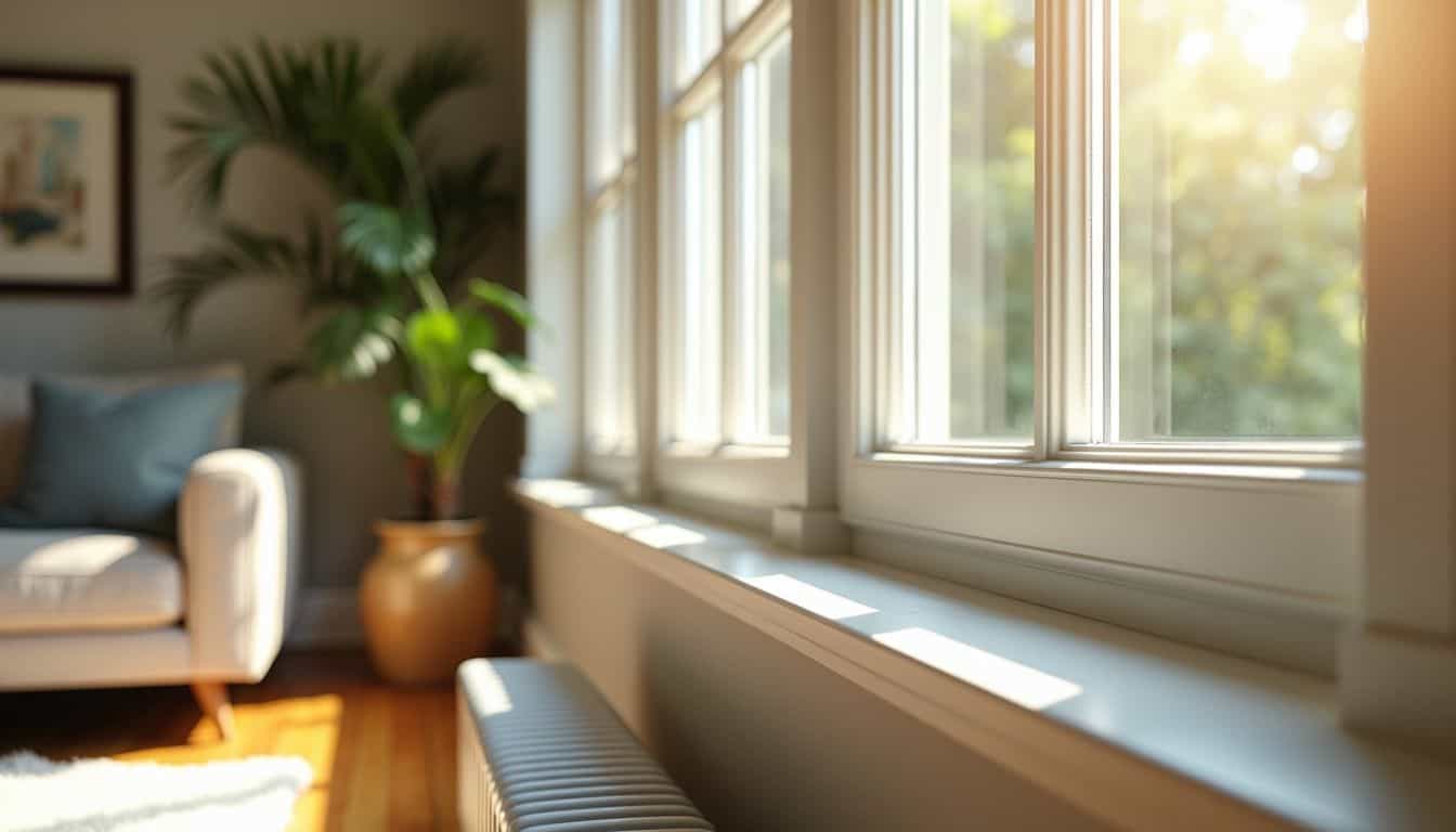 A close-up of modern decorative window trim in a bright living room.