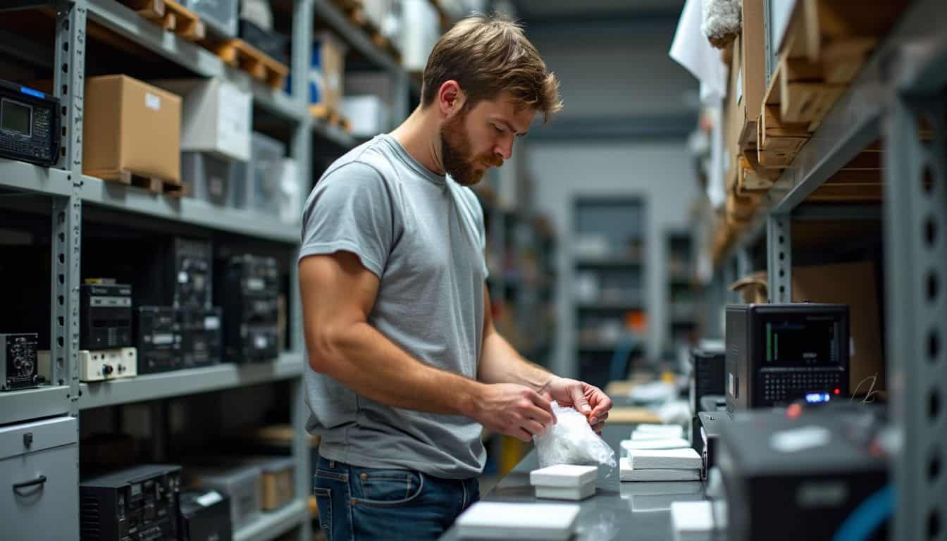 A man organizes electronic storage with desiccant packs in a cluttered space.