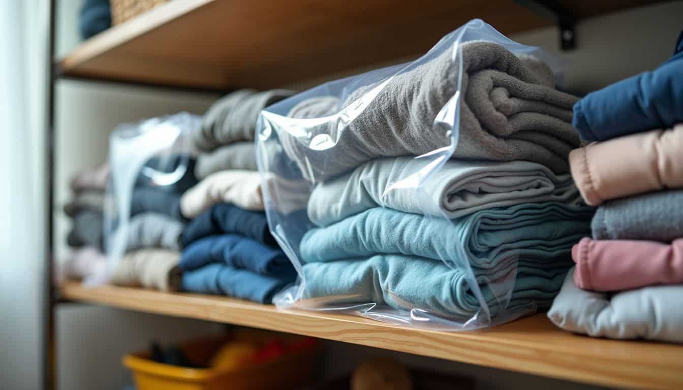 Neatly organized closet with vacuum-sealed bags for clothing storage.