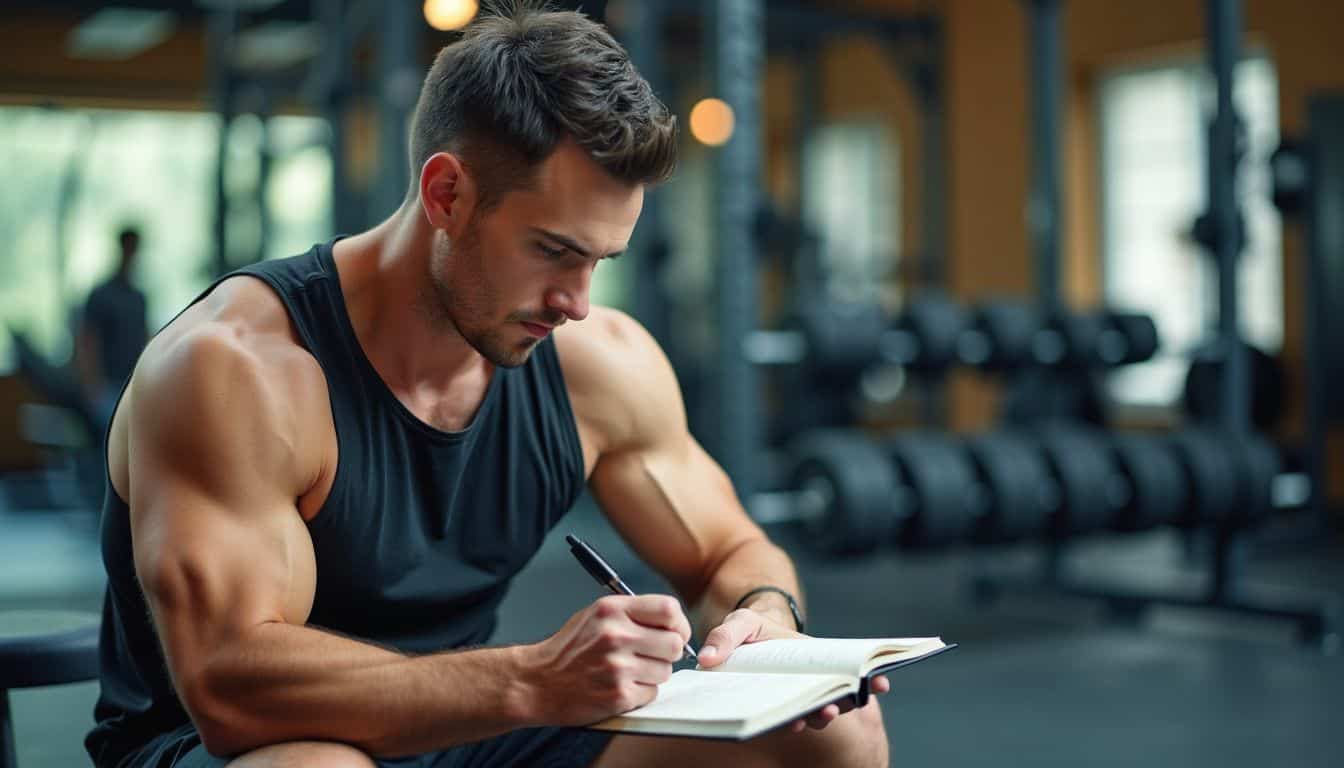 A man in his 30s is seated at a gym, writing down fitness goals in a journal.