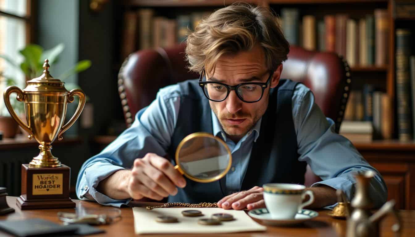 A man reading a pocket watch collection while a robot spills tea in a cluttered study. A man reading a pocket watch collection while a robot spills tea in a cluttered study.
