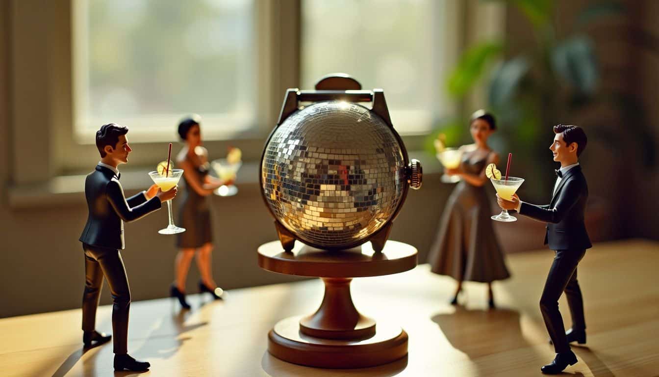 A vintage watch with a rotating disco ball bezel is surrounded by animated wedding cake toppers debating about timekeeping. A vintage watch with a rotating disco ball bezel is surrounded by animated wedding cake toppers debating about timekeeping.
