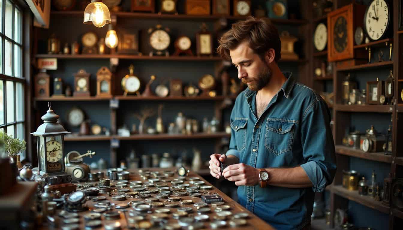 A man explores vintage watches and quirky gadgets in a dimly lit shop. A man explores vintage watches and quirky gadgets in a dimly lit shop.