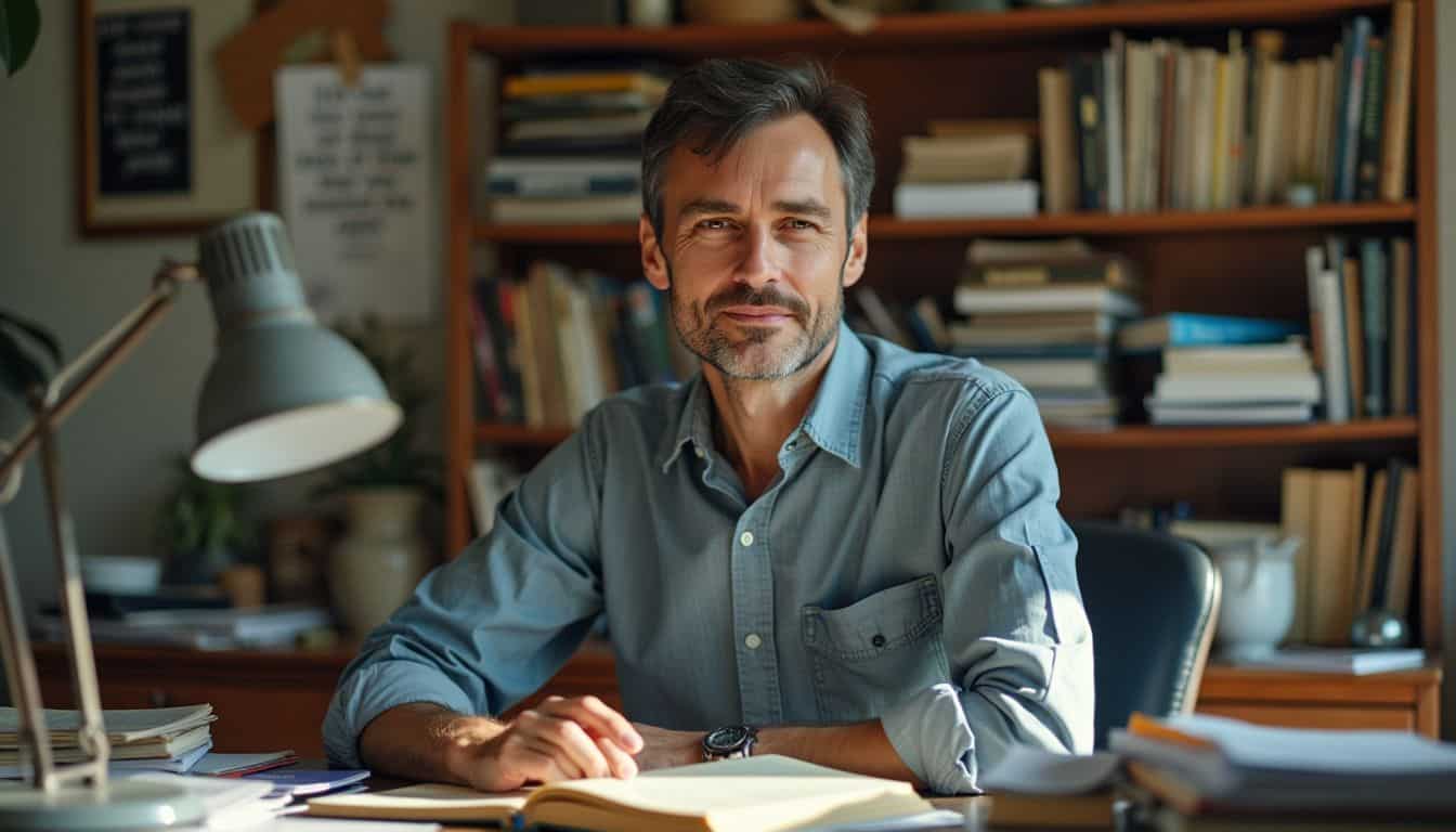 A professional at cluttered desk with Stoic quotes and Marcus Aurelius book. A professional at cluttered desk with Stoic quotes and Marcus Aurelius book.