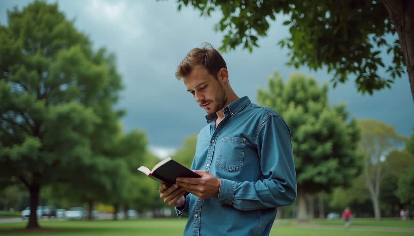 A man reading a book in a park, unaffected by approaching storm. A man reading a book in a park, unaffected by approaching storm.