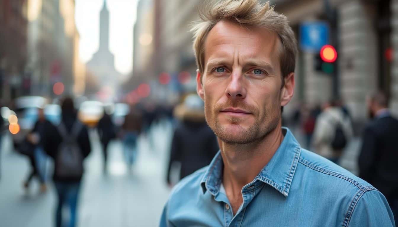A man stands calmly in a busy city square amidst bustling surroundings. A man stands calmly in a busy city square amidst bustling surroundings.