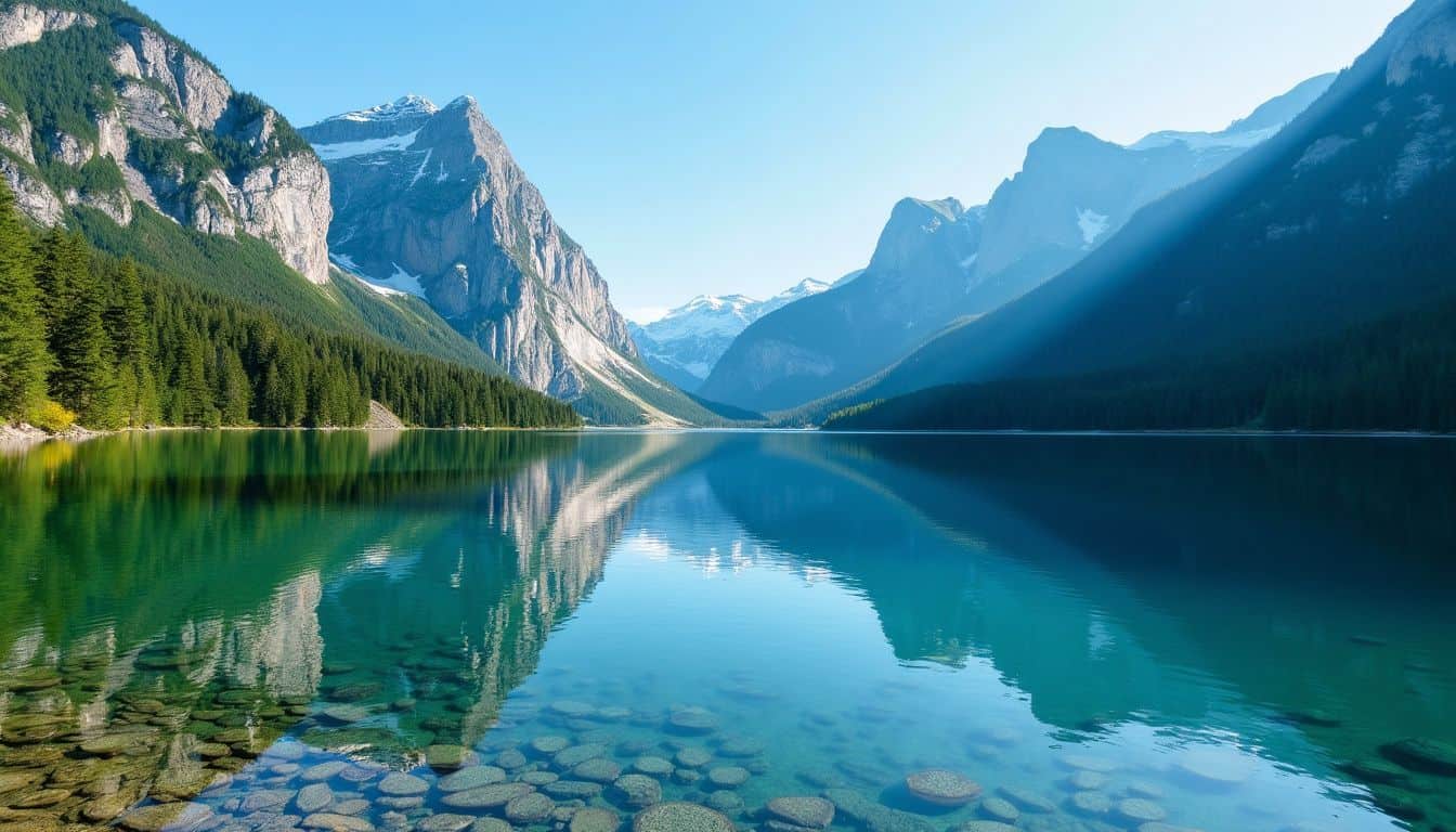 A serene mountain landscape with a calm lake and lush forests. A serene mountain landscape with a calm lake and lush forests.
