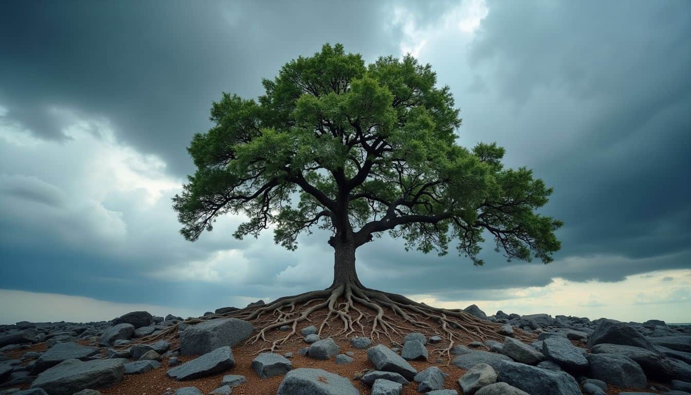 A lone oak tree stands strong against a stormy sky. A lone oak tree stands strong against a stormy sky.