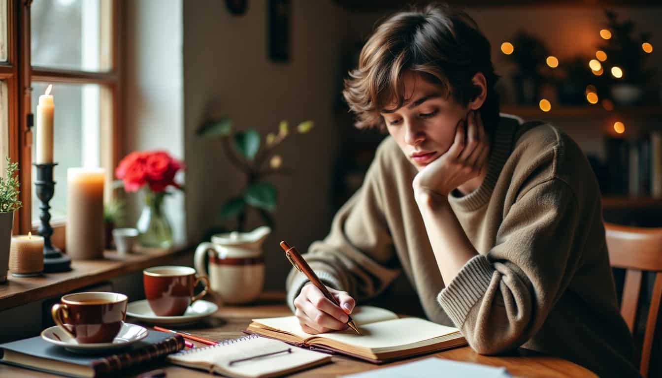 A young adult writing in a cozy, candle-lit study with journals. A young adult writing in a cozy, candle-lit study with journals.