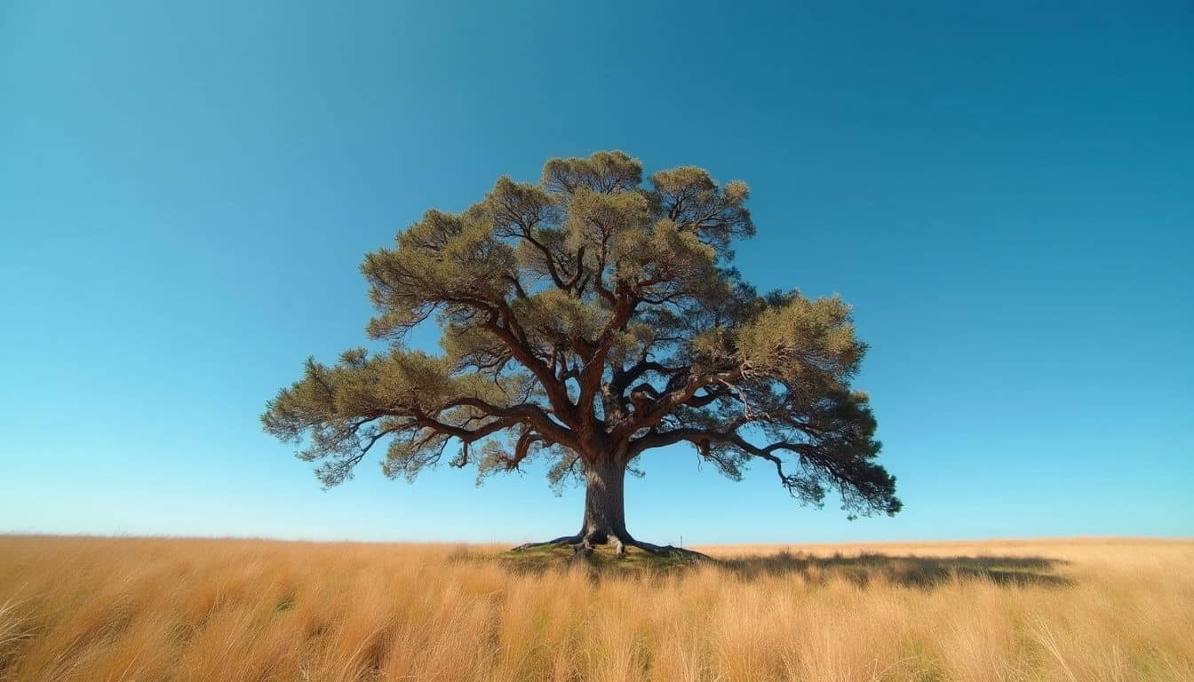 A weathered oak tree standing in a wide open field.
