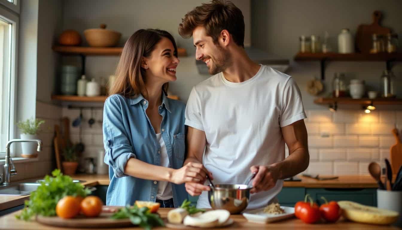 A young couple cooking together in a cozy kitchen. A young couple cooking together in a cozy kitchen.
