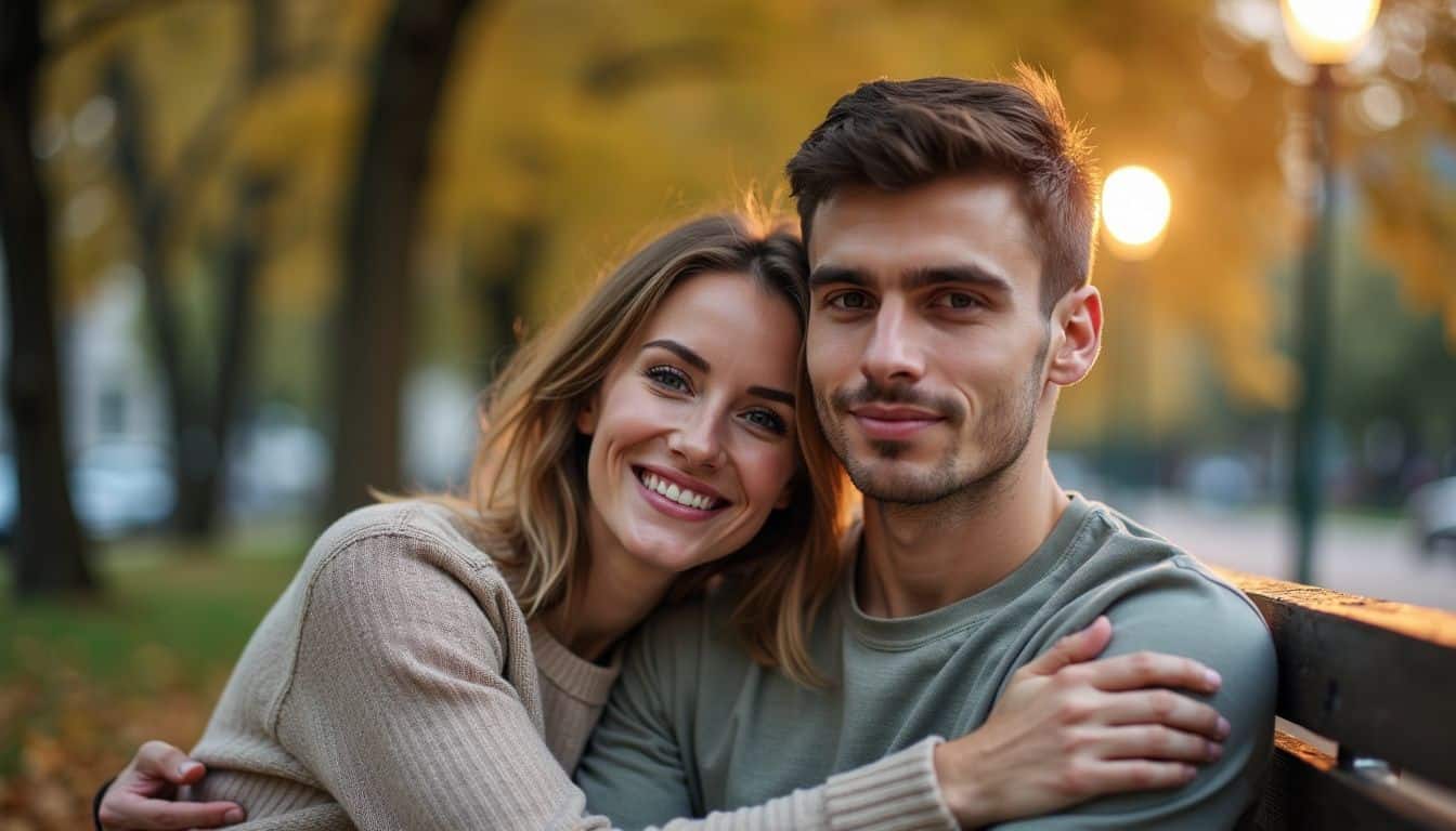 A young couple in casual clothes sitting on a park bench. A young couple in casual clothes sitting on a park bench.