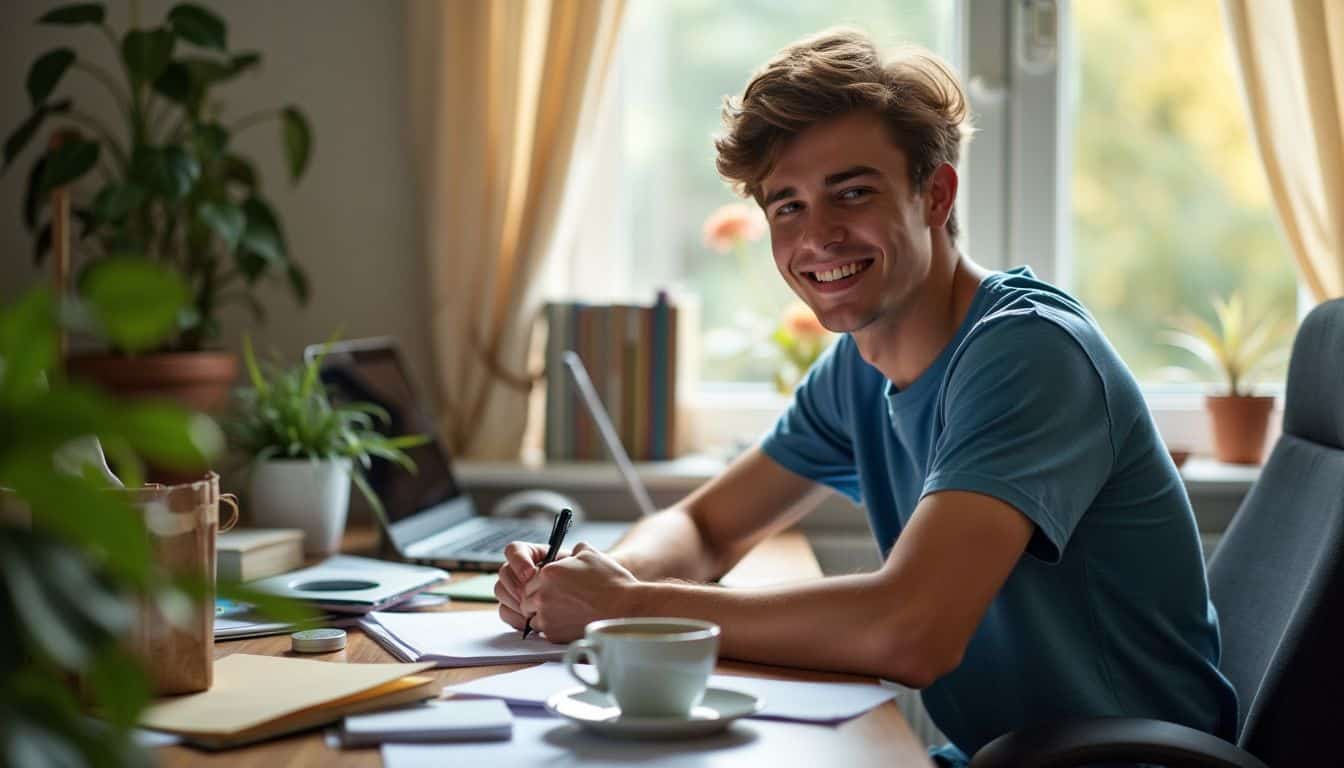 A young man sits at a cluttered desk writing a note. A young man sits at a cluttered desk writing a note.