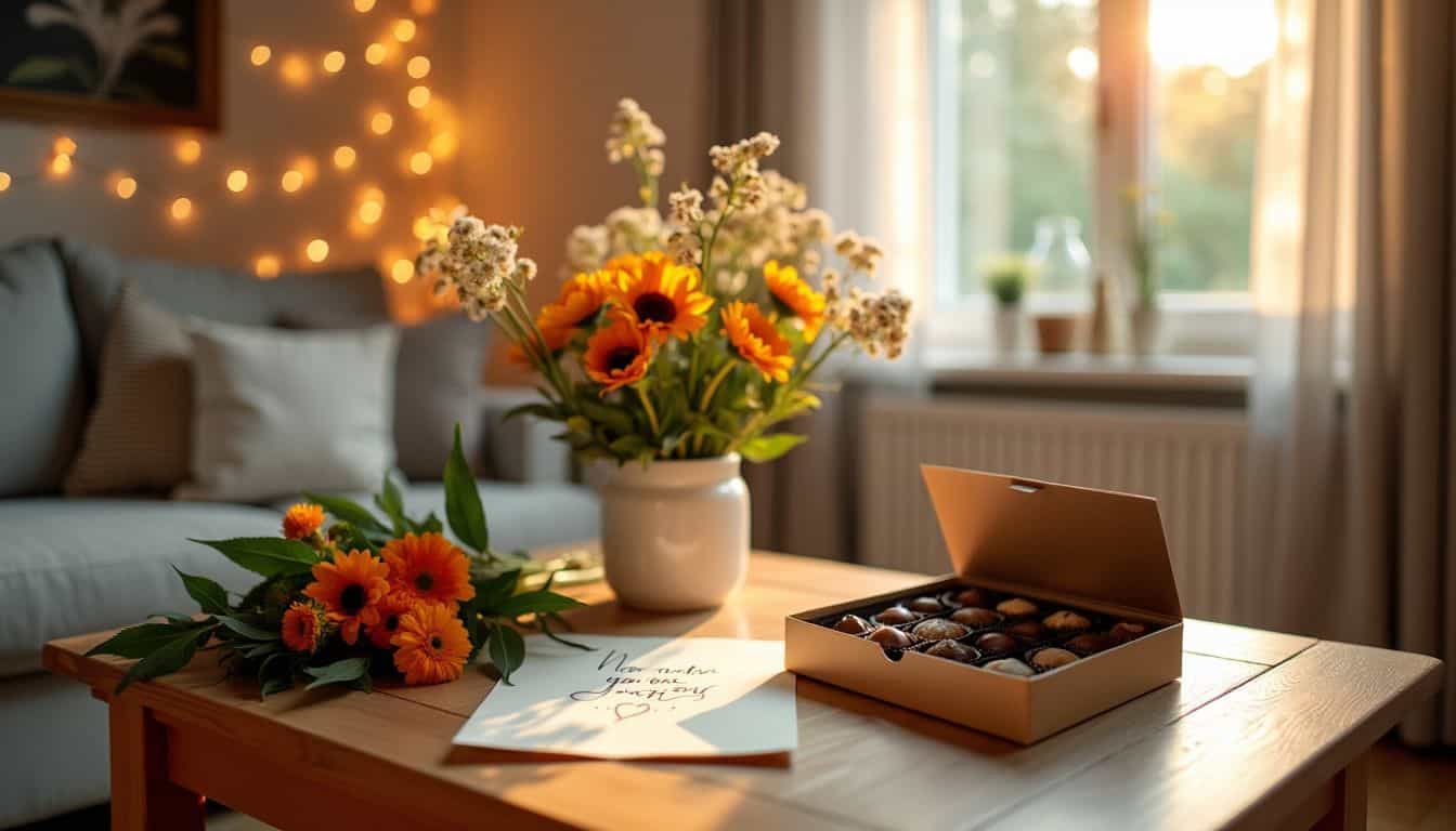 A cozy living room with fairy lights, flowers, a note, and chocolates. A cozy living room with fairy lights, flowers, a note, and chocolates.
