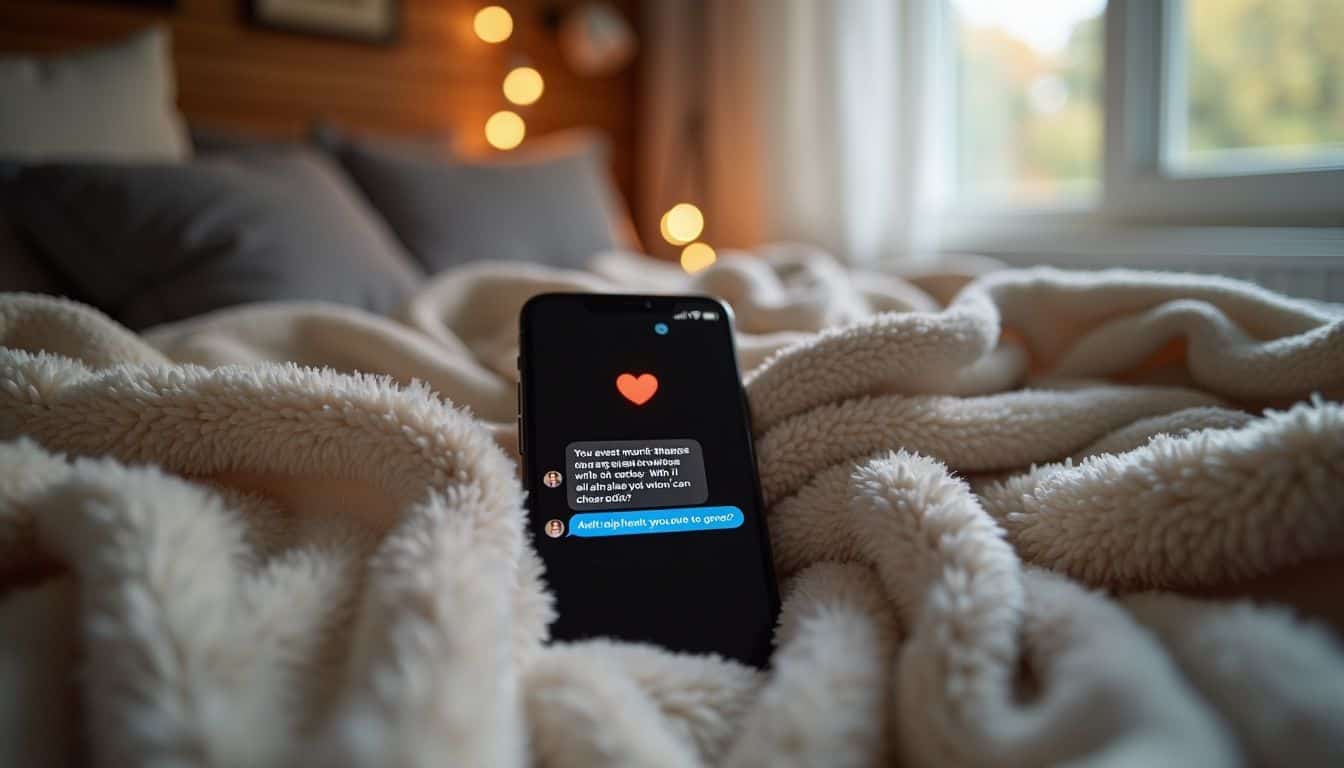 A cozy bed with a glowing smartphone displaying a sweet text. A cozy bed with a glowing smartphone displaying a sweet text.