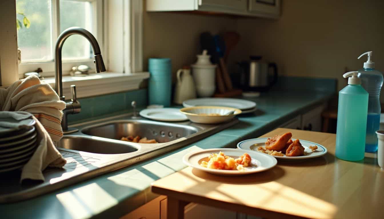 A cluttered kitchen with dirty dishes, food leftovers, and dish soap. A cluttered kitchen with dirty dishes, food leftovers, and dish soap.