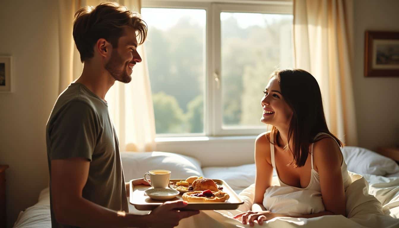 A man surprises his girlfriend with breakfast in bed on a lazy Sunday morning. A man surprises his girlfriend with breakfast in bed on a lazy Sunday morning.