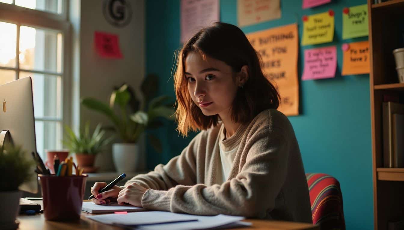 A focused woman works at her desk surrounded by colorful notes. A focused woman works at her desk surrounded by colorful notes.