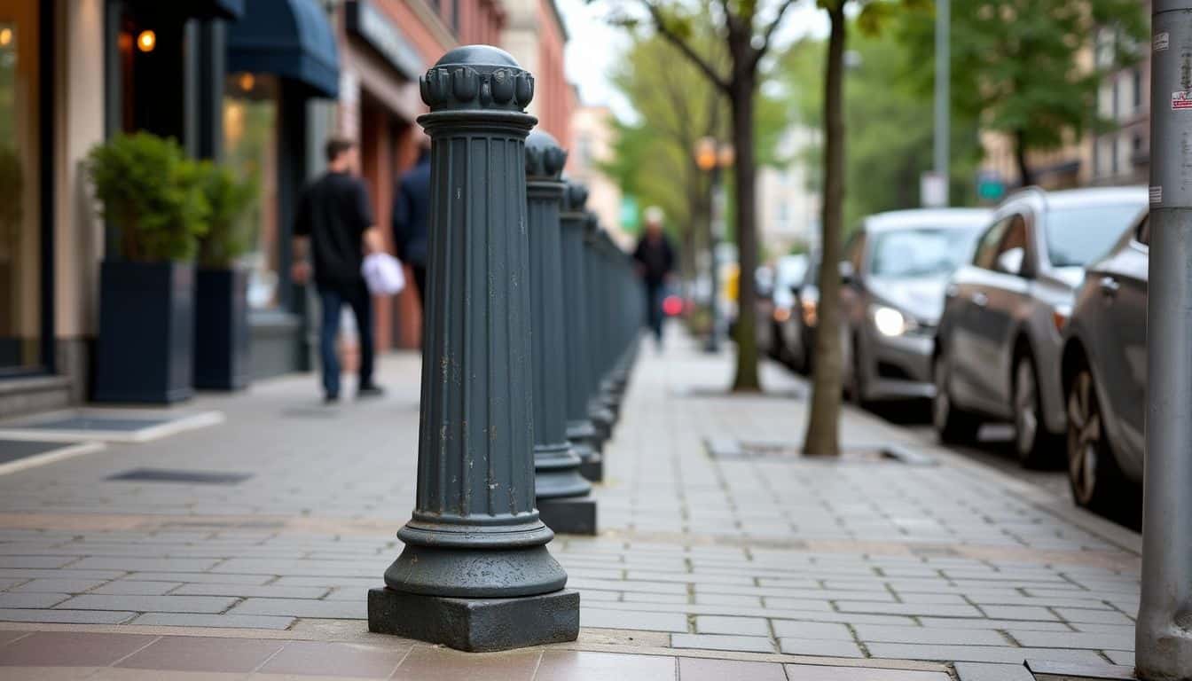 A row of worn bollards in front of a store for pedestrian protection. A row of worn bollards in front of a store for pedestrian protection.
