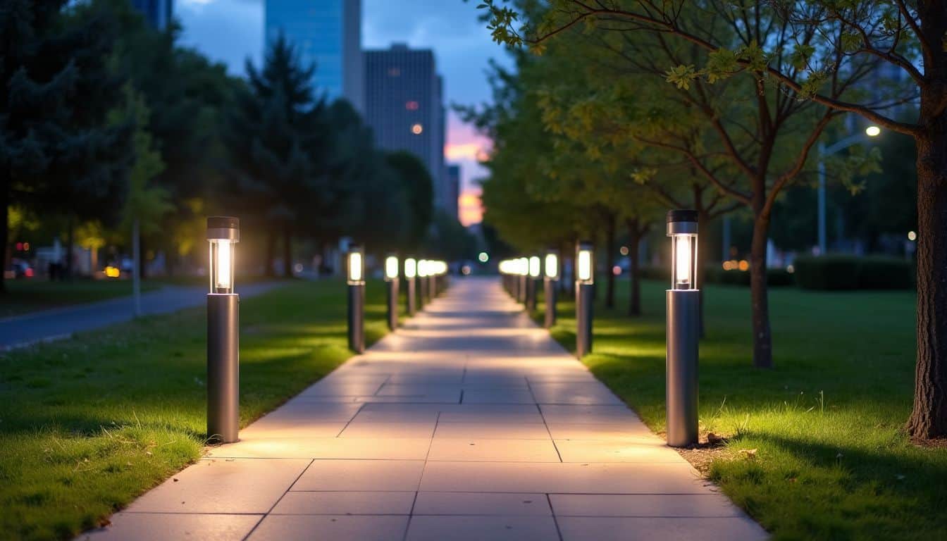 A city park at dusk with modern LED-lit bollards along the pathway. A city park at dusk with modern LED-lit bollards along the pathway.