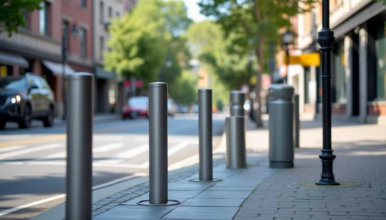 Various types of bollards in a city street. Various types of bollards in a city street.