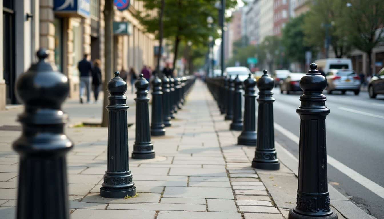 A city street with a variety of bollards for pedestrian protection. A city street with a variety of bollards for pedestrian protection.