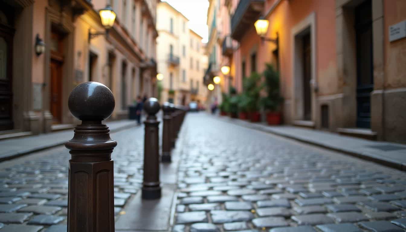 A historic European street with traditional cobblestone pavement and wooden bollards. A historic European street with traditional cobblestone pavement and wooden bollards.