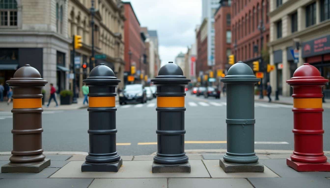 Various bollards in urban cityscape with old and modern buildings. Various bollards in urban cityscape with old and modern buildings.
