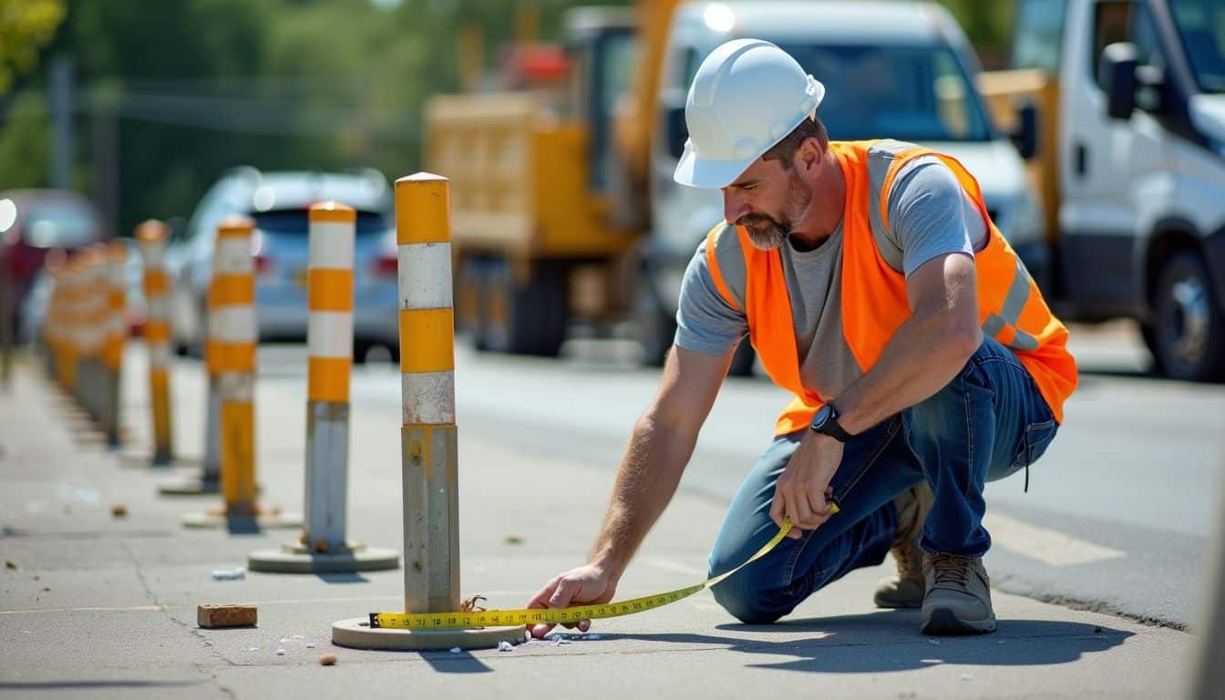A middle-aged construction worker measures and marks bollard placements in a parking lot. A middle-aged construction worker measures and marks bollard placements in a parking lot.