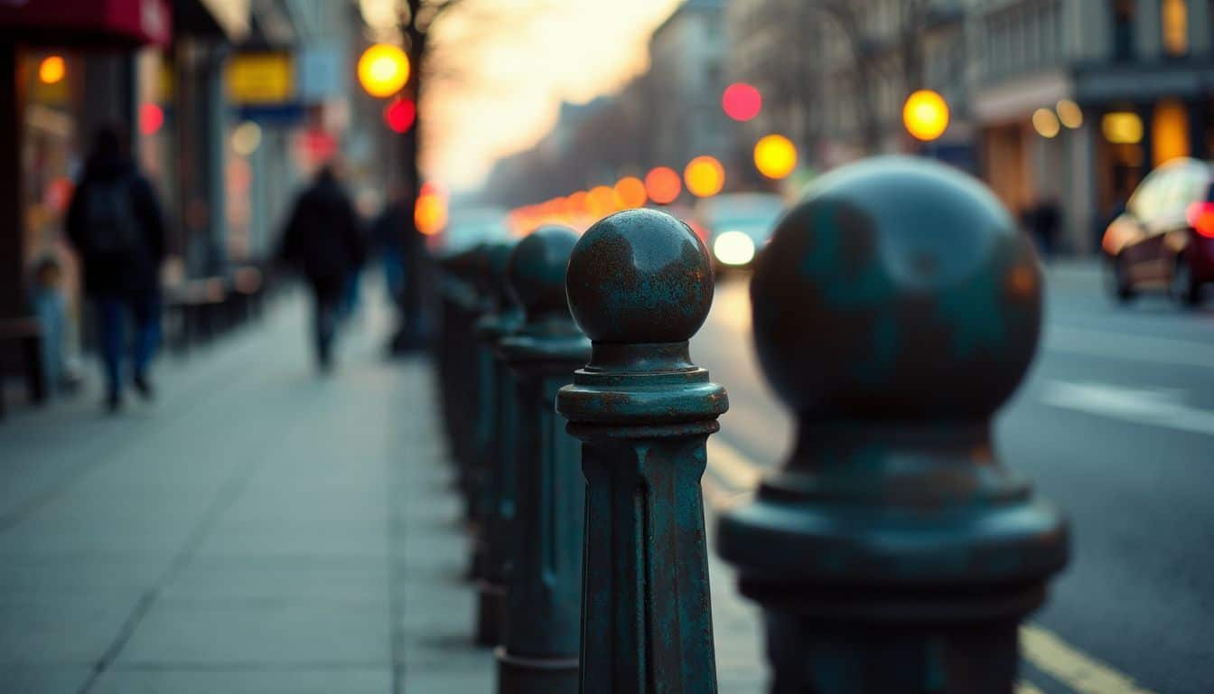 A row of weathered bollards along a busy city street at dusk. A row of weathered bollards along a busy city street at dusk.