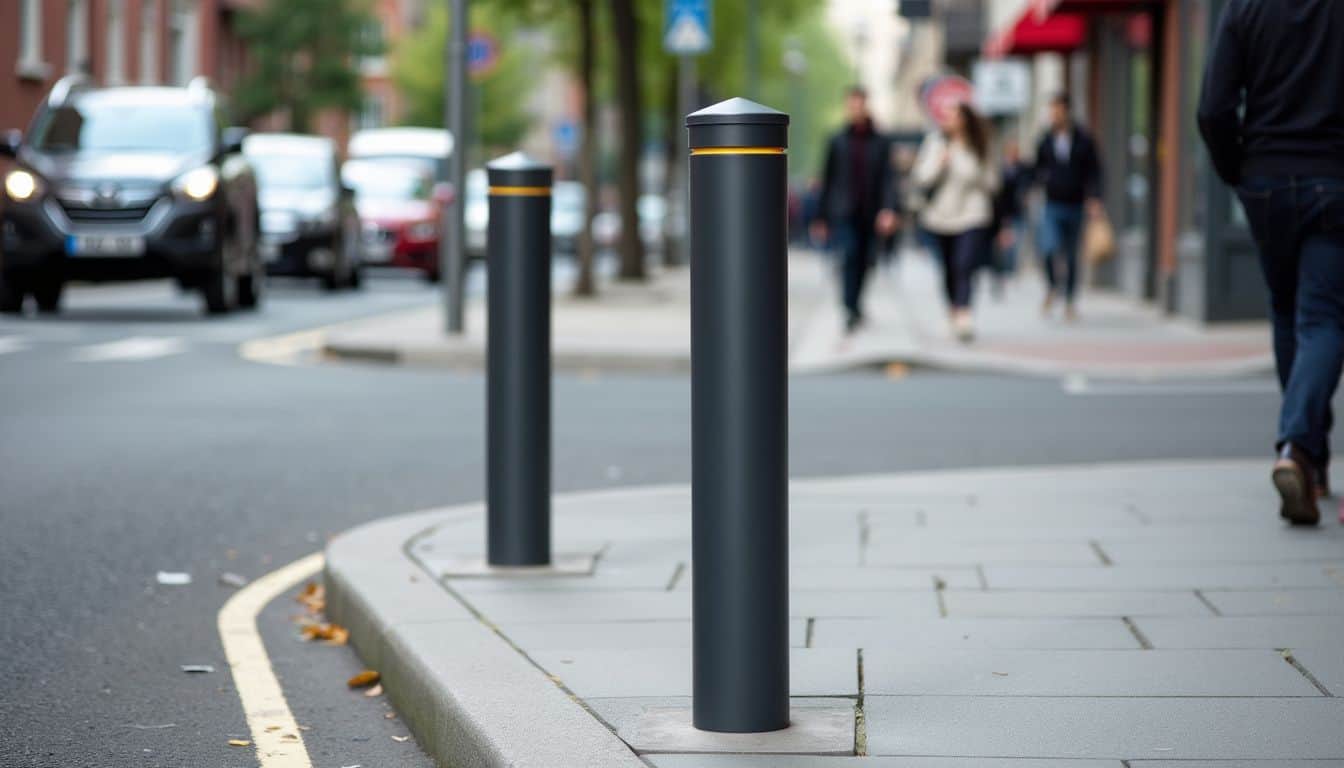 'A modern retractable bollard in an urban street with pedestrians and vehicles.'
