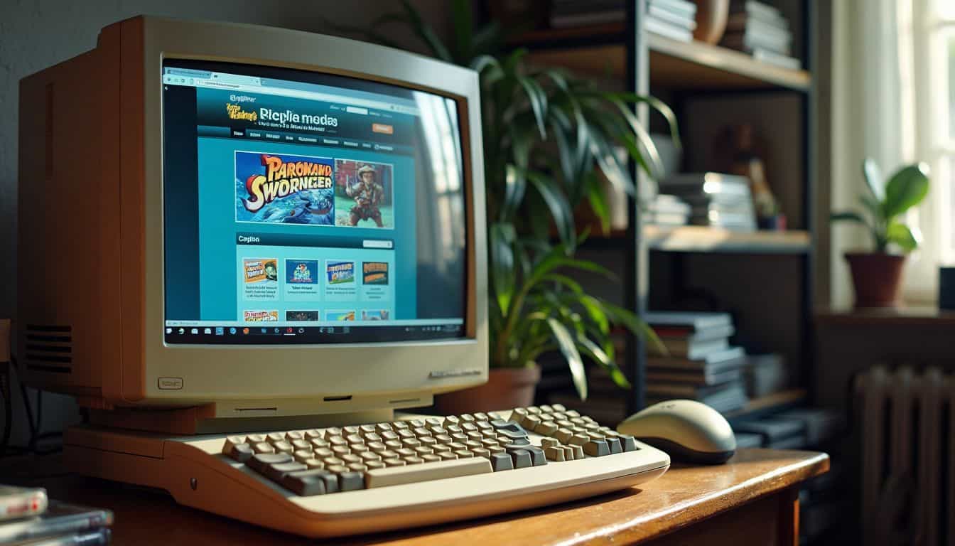 An old desktop computer with a CRT monitor displays a late '90s browser-based gaming website in a nostalgic setting.