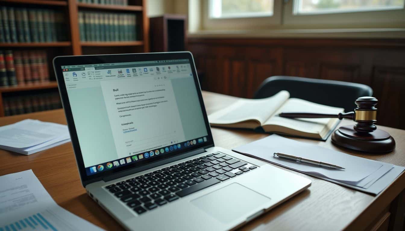 An attorney's office with scattered legal documents, open laptop, and bookshelf filled with law books.