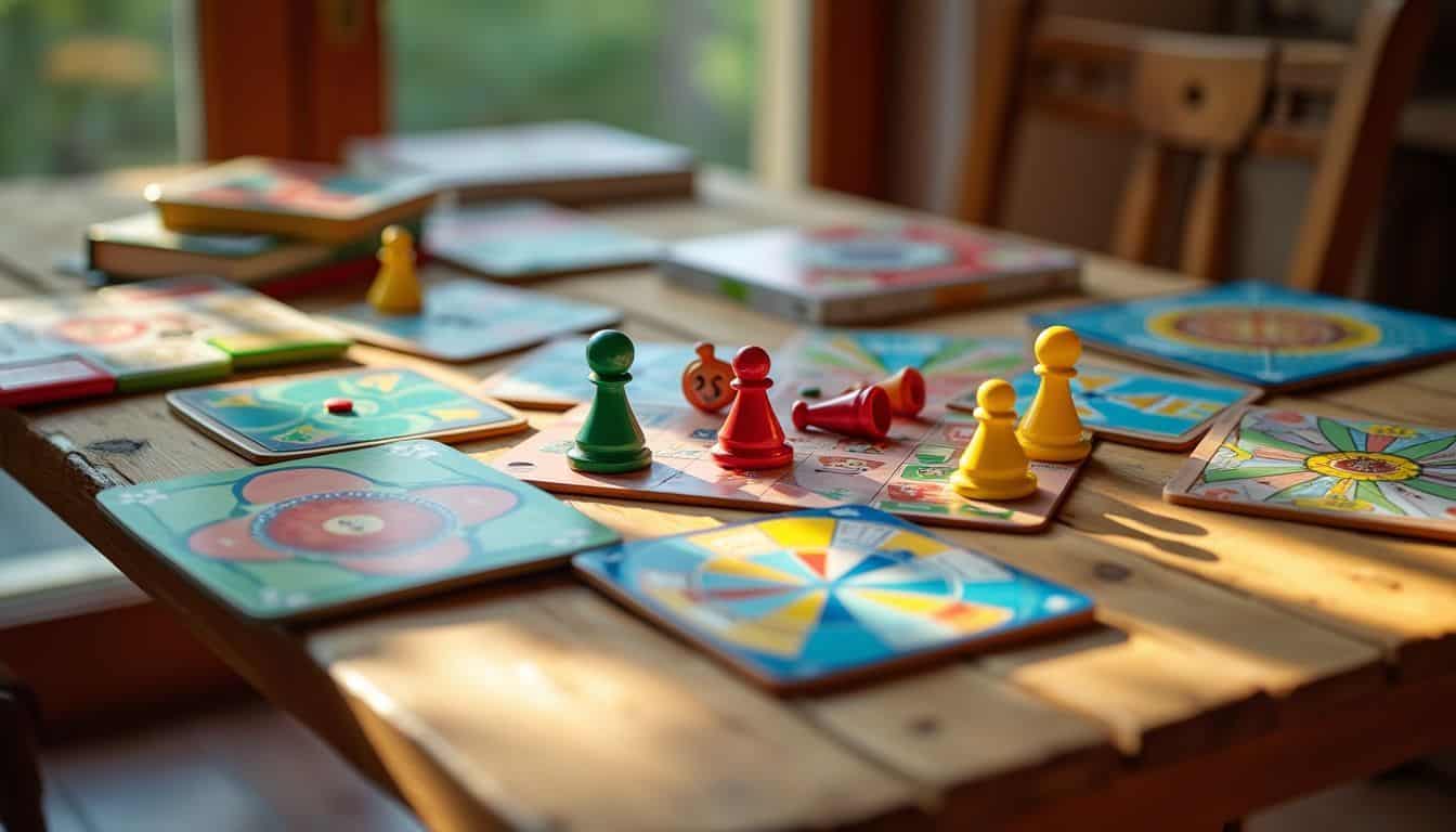 Colorful board games spread out on a rustic wooden table. Colorful board games spread out on a rustic wooden table.