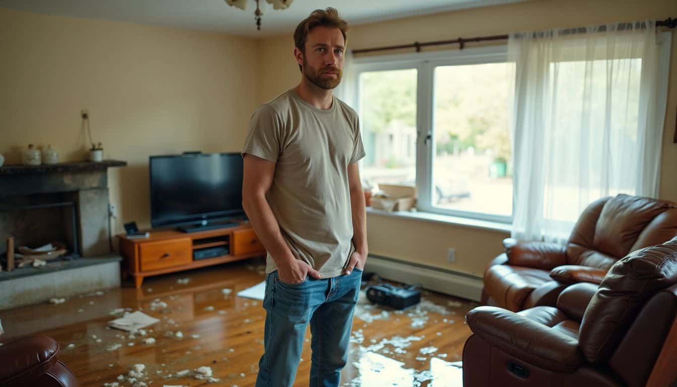 A man stands in a flooded, water-damaged living room.