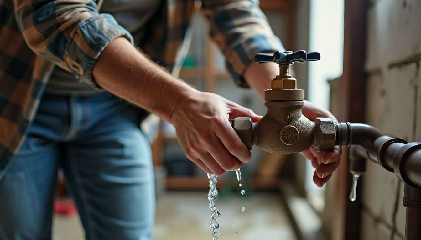 A person is turning a water main valve in a basement.