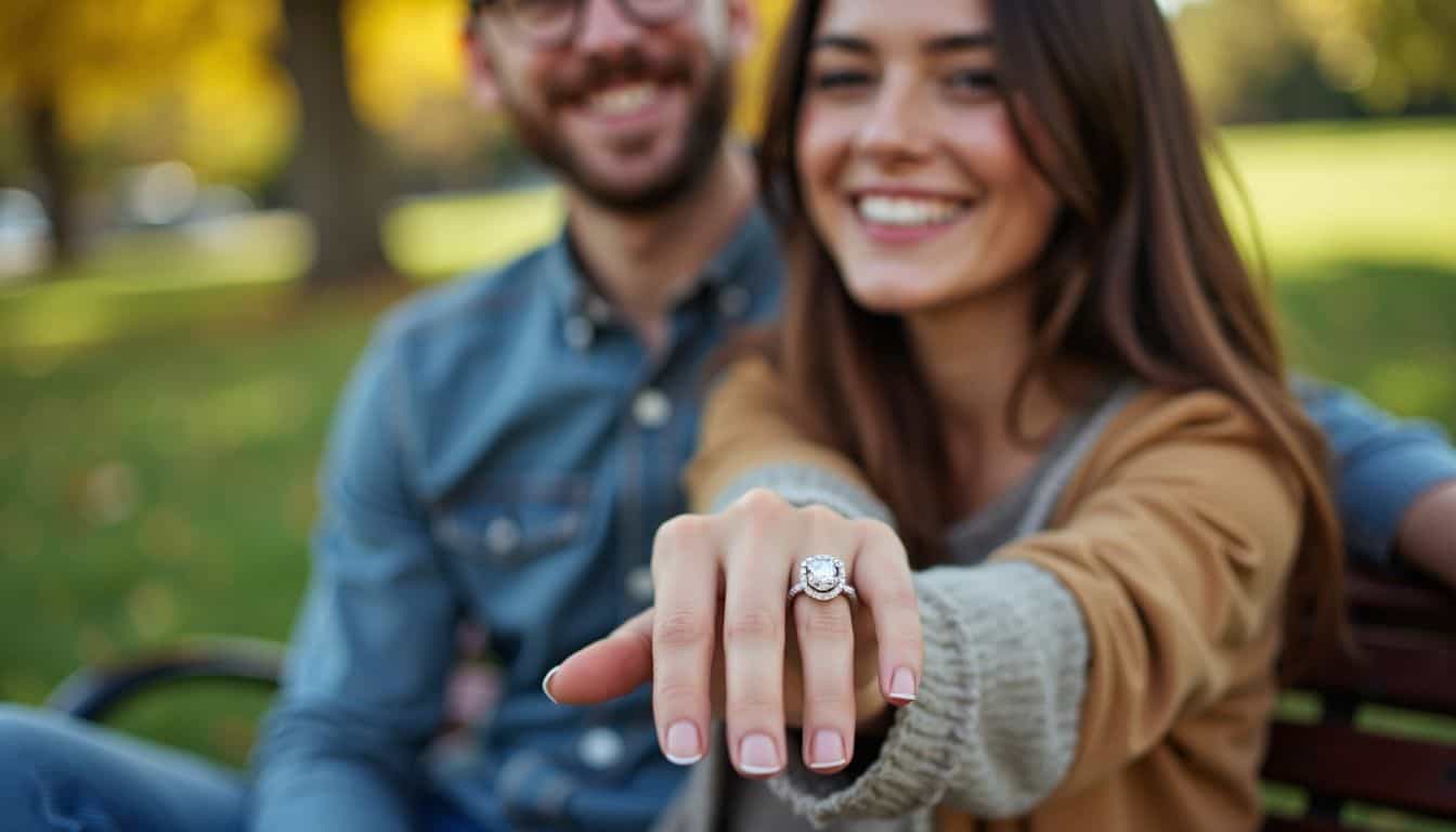 A young couple sitting on a park bench, displaying a shiny engagement ring. A young couple sitting on a park bench, displaying a shiny engagement ring.